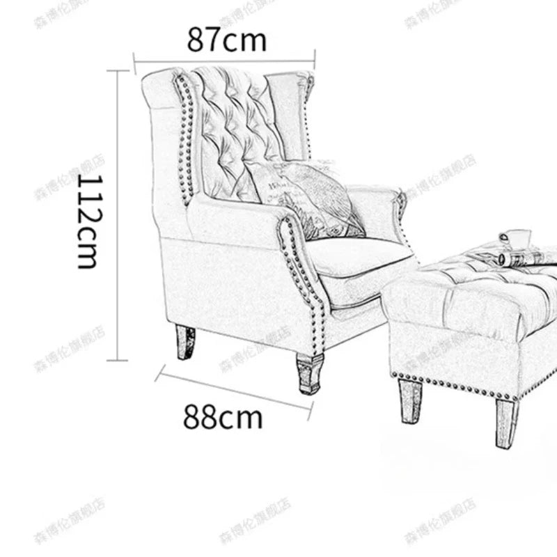 fauteuil club chesterfield tissu capitonné coussins décoratifs bois sculpté living room adult single sofa