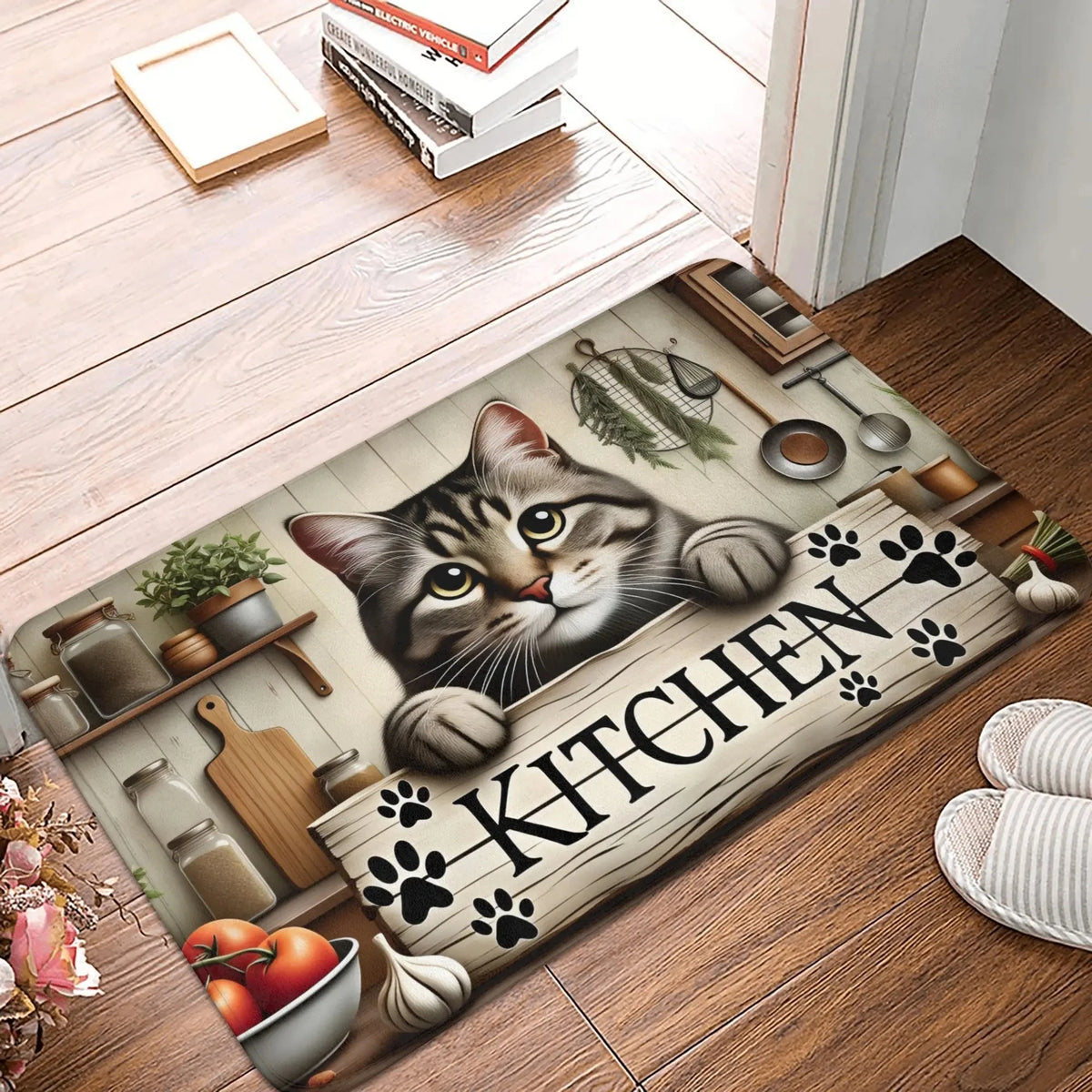 tapis sol moderne antidérapant résistant bactéries rides couleurs noires blanches motifs chats fleurs salon
