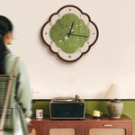 horloge murale moderne motif feuilles vert clair bois bambou salon étude quartz aiguille