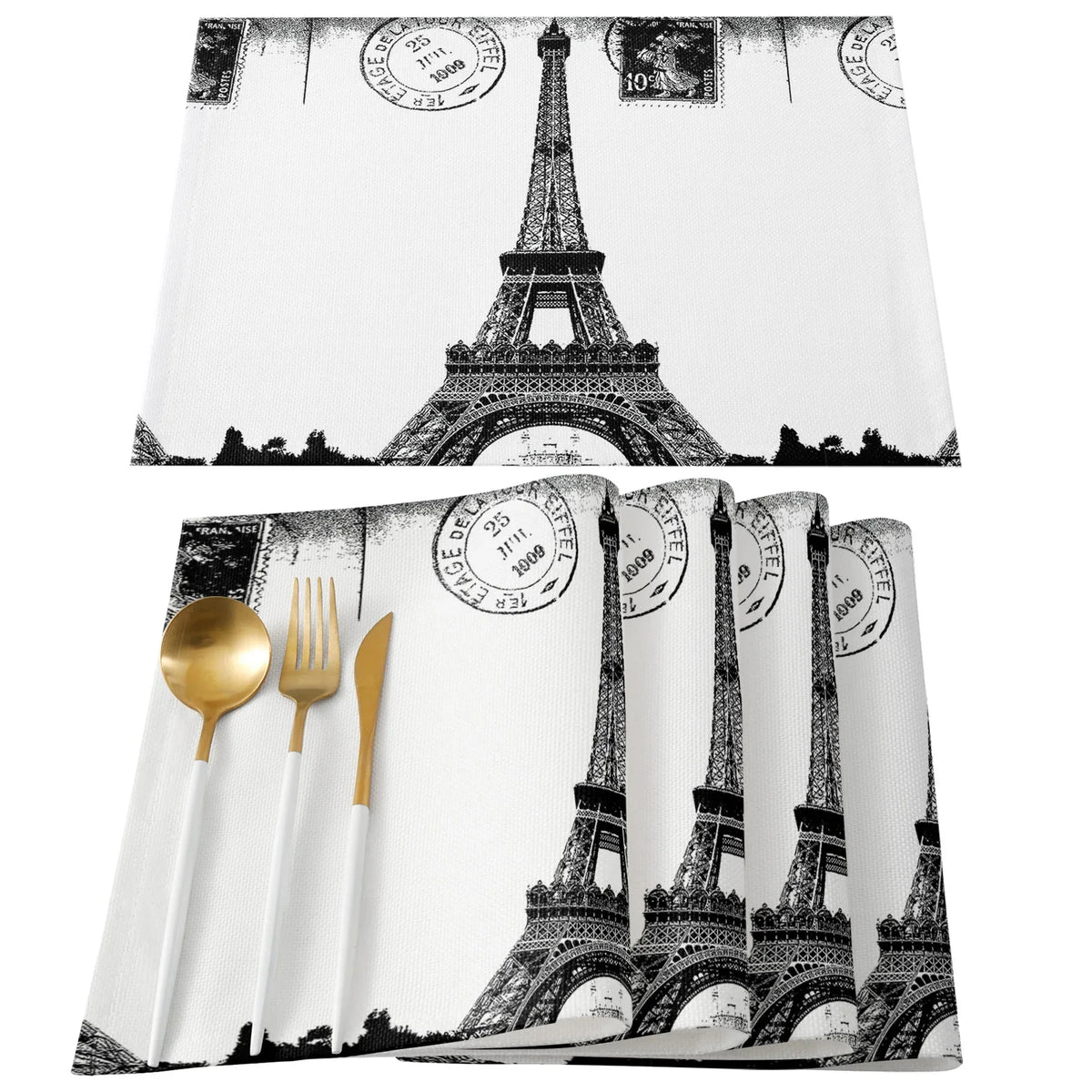 serviettes table imprimées tour eiffel fleurs cerisier moderne rose gris beige