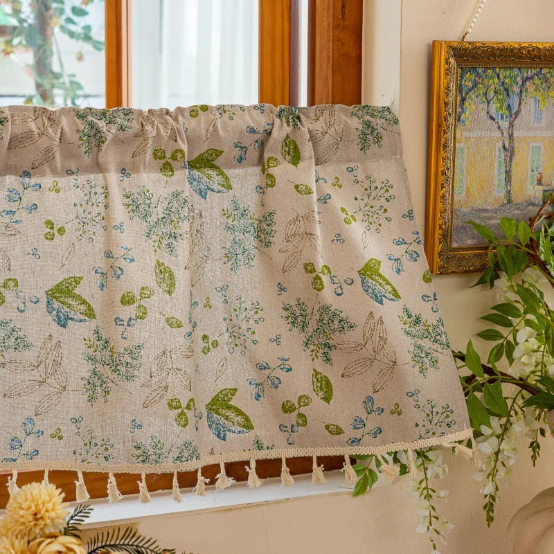 rideau cuisine polyester feuilles fleurs tissé beige vert bleu blanc opacité classique rustique tassels