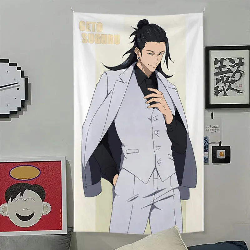 tapisserie murale anime gojo satoru décoration chambre salon tissu polyester blanc gris noir