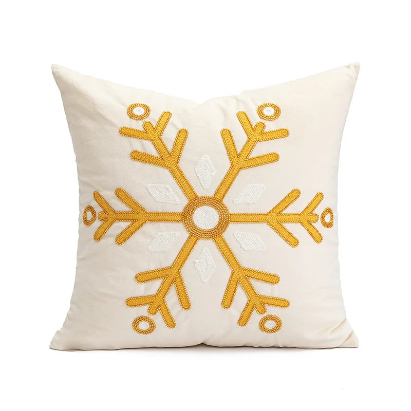 coussin blanc motif flocon doré texture épaisse décoratif noël fixations