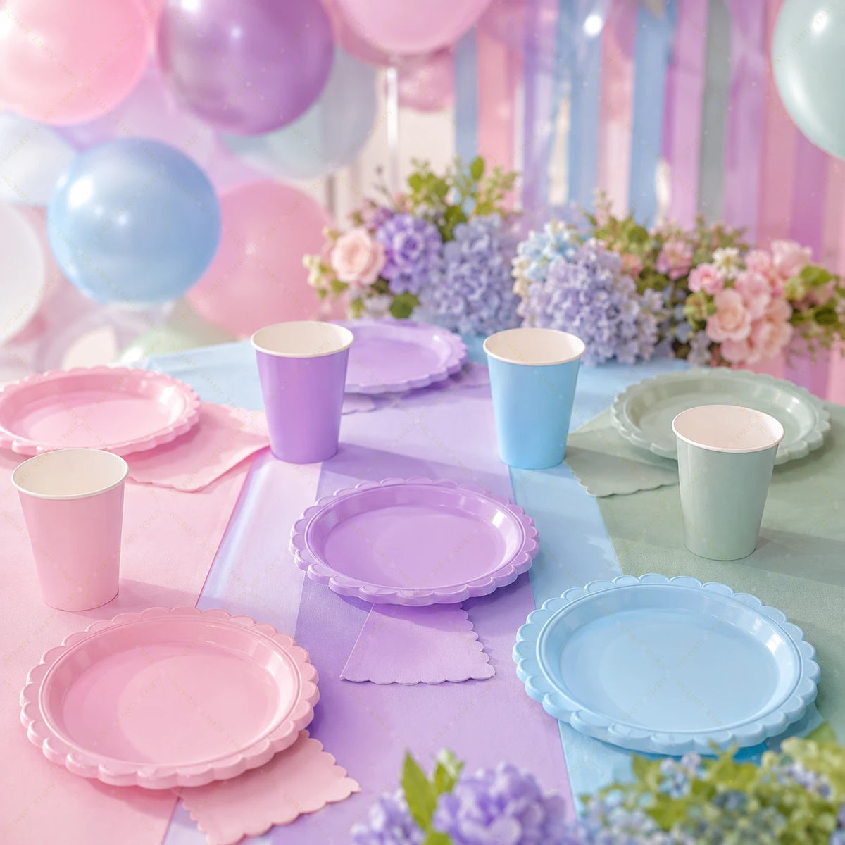 assiettes papier bord dentelé rose violet bleu vert festives anniversaire mariage baby shower 10x9pouces