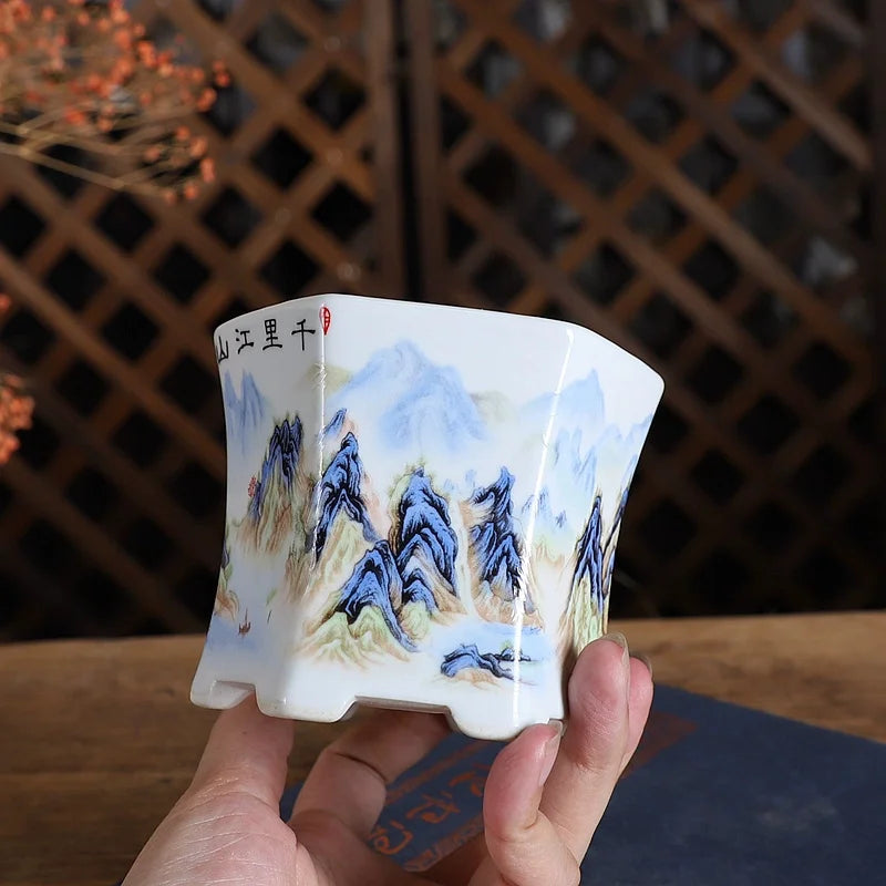cache pot céramique artisanal paysage montagneux blanc fleur verte intérieur jardin decoration
