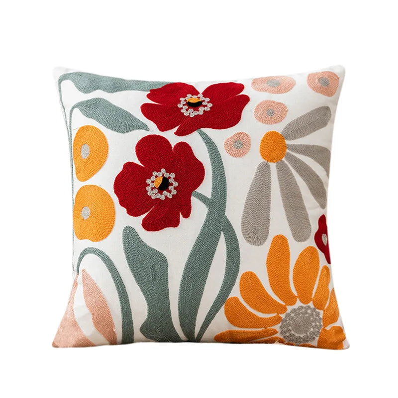 housse coussin décorative motif floral brodé moderne canapé salon lit maison blanc