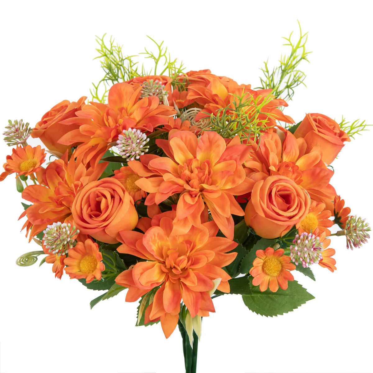 bouquet fleurs artificielles rose clair blanc orange violet dahlia marguerites feuilles vertes réaliste décoration