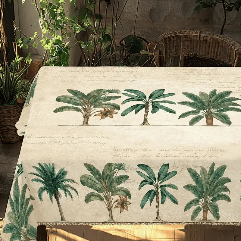 nappe rectangulaire palmiers stylisés beige clair vert foncé classique rustique réutilisable polyester maison table