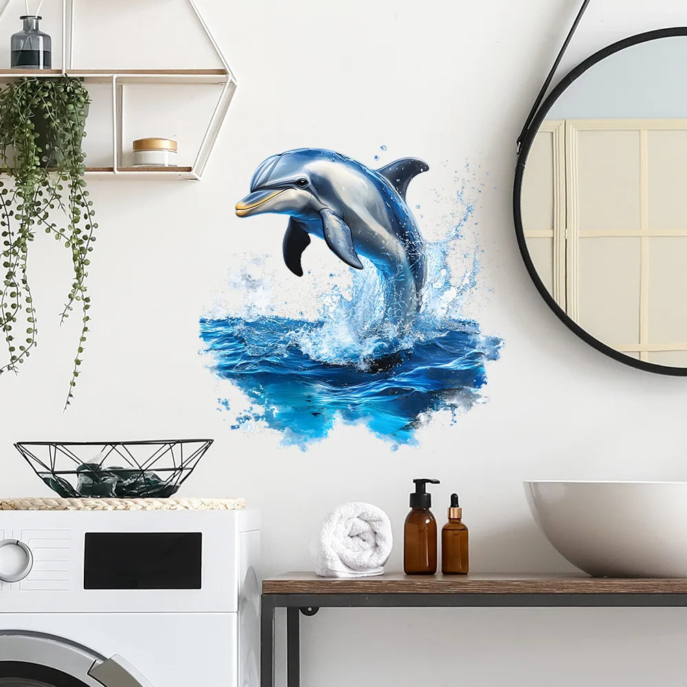 sticker mural dauphins sautant eau bleu blanc réaliste auto adhésif résistant eau salon baignoire