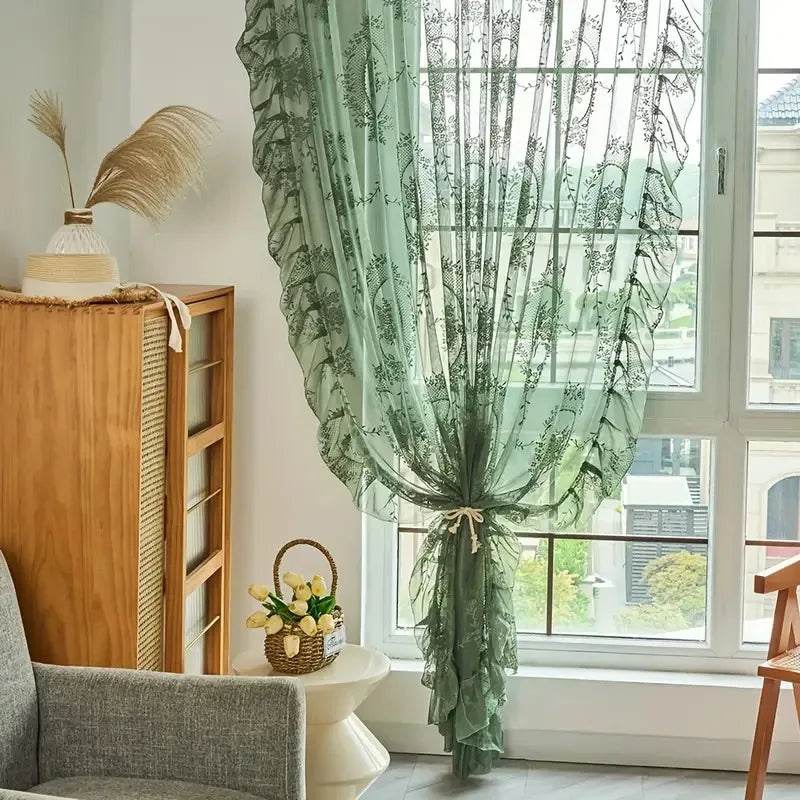 rideau floral vintage polyester translucide salon blanc vert