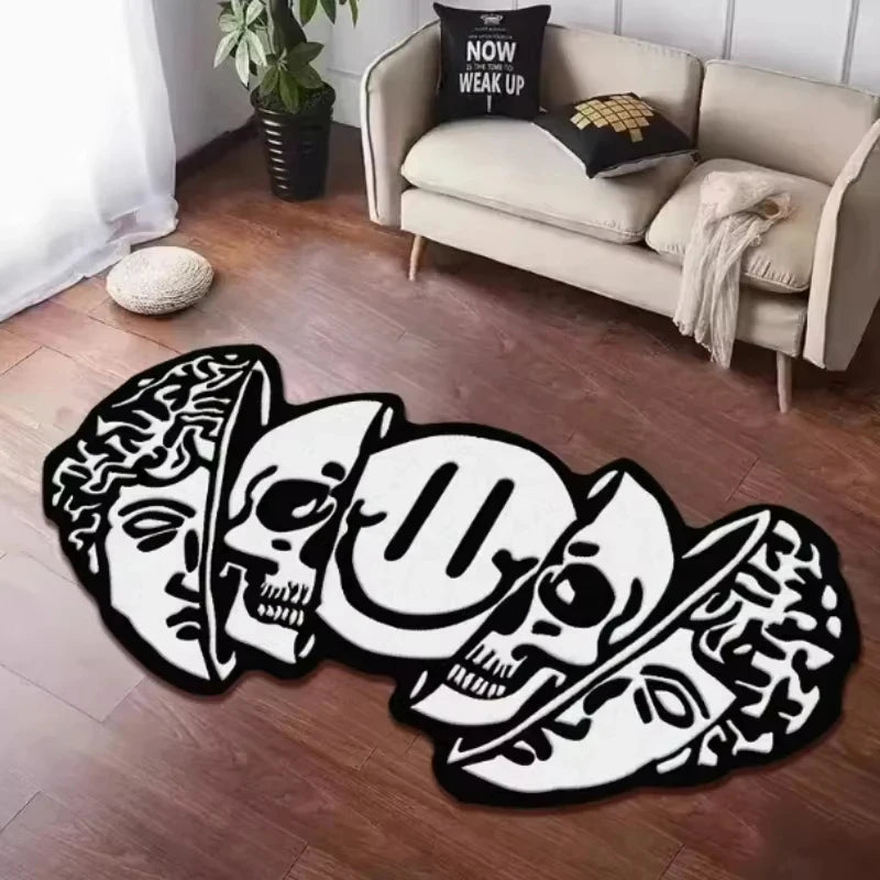 tapis moderne antidérapant crânes stylisés blanc noir entrée salle bain chambre