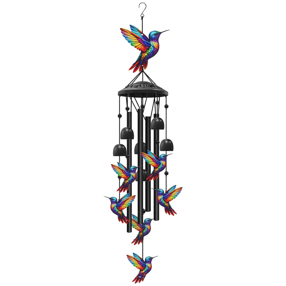 mobile vent oiseaux cloches multicolore noir extérieur jardin patio artisanal