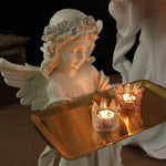 statues anges blanc plateau rangement bougies fleurs séchées décoratives intérieur couronnes roses sculptées