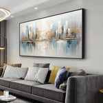 tableau contemporain abstrait arbres dorés ville bleu gris sans cadre