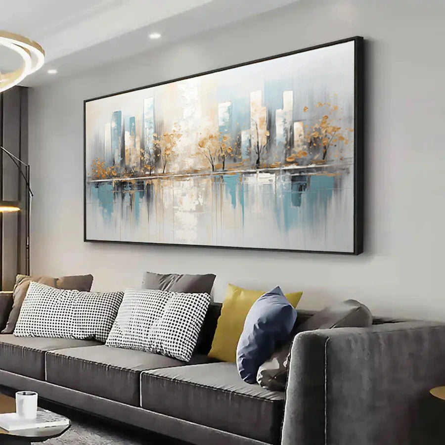 tableau contemporain abstrait arbres dorés ville bleu gris sans cadre