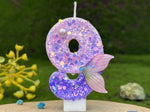 bougies numéraires paillettes sirène violet doré anniversaire décoration gâteau thème pois queue poisson festive
