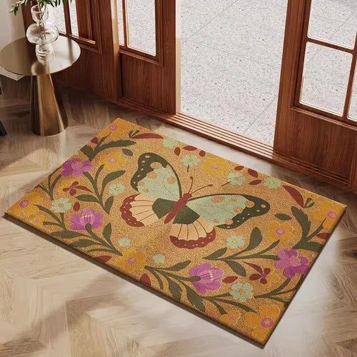 tapis d'entrée extérieur vintage motif fleurs papillons bienvenue couleur beige rouge décoration sol porte