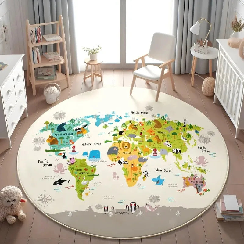 tapis rond moderne carte monde animaux motifs floraux bébé salon 80x80cm 120x120cm polyester