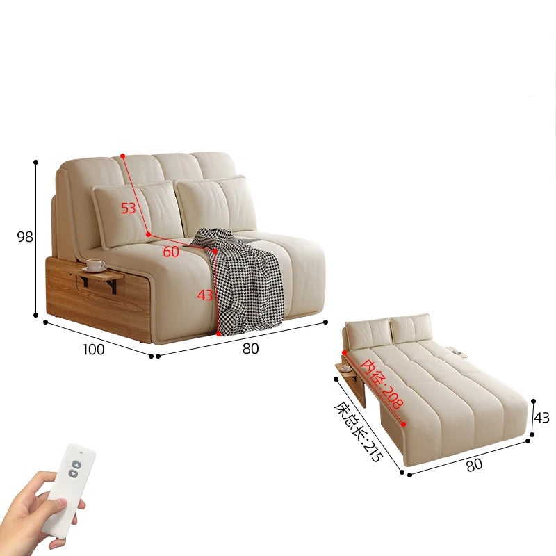 canapé lit extensible canapé moderne simili cuir beige clair coussins tablette intégrée tapis
