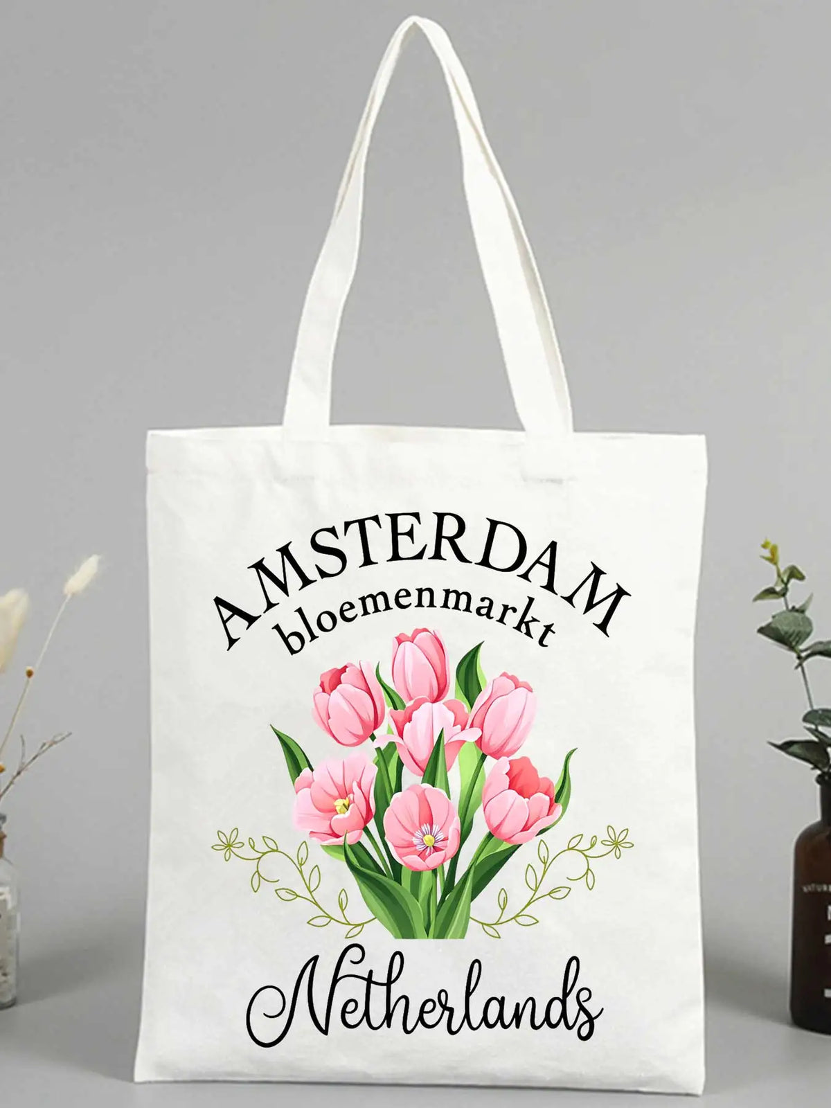 sac main toile tulipes roses vertes amsterdam blanc cartoonesque sans fermeture éclair