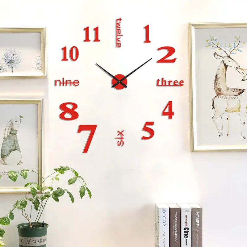 horloge murale moderne 90cm 120cm rouge or noir numéros relief diy minimaliste