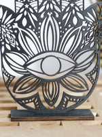 décoration maison main hamsa œil mal sculpture bois ornements floraux artisanal support plat