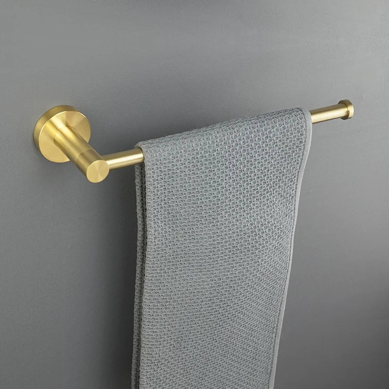 accessoires salle bain porte serviettes barres crochets dorés modernes métal brossé fixations vis incluses