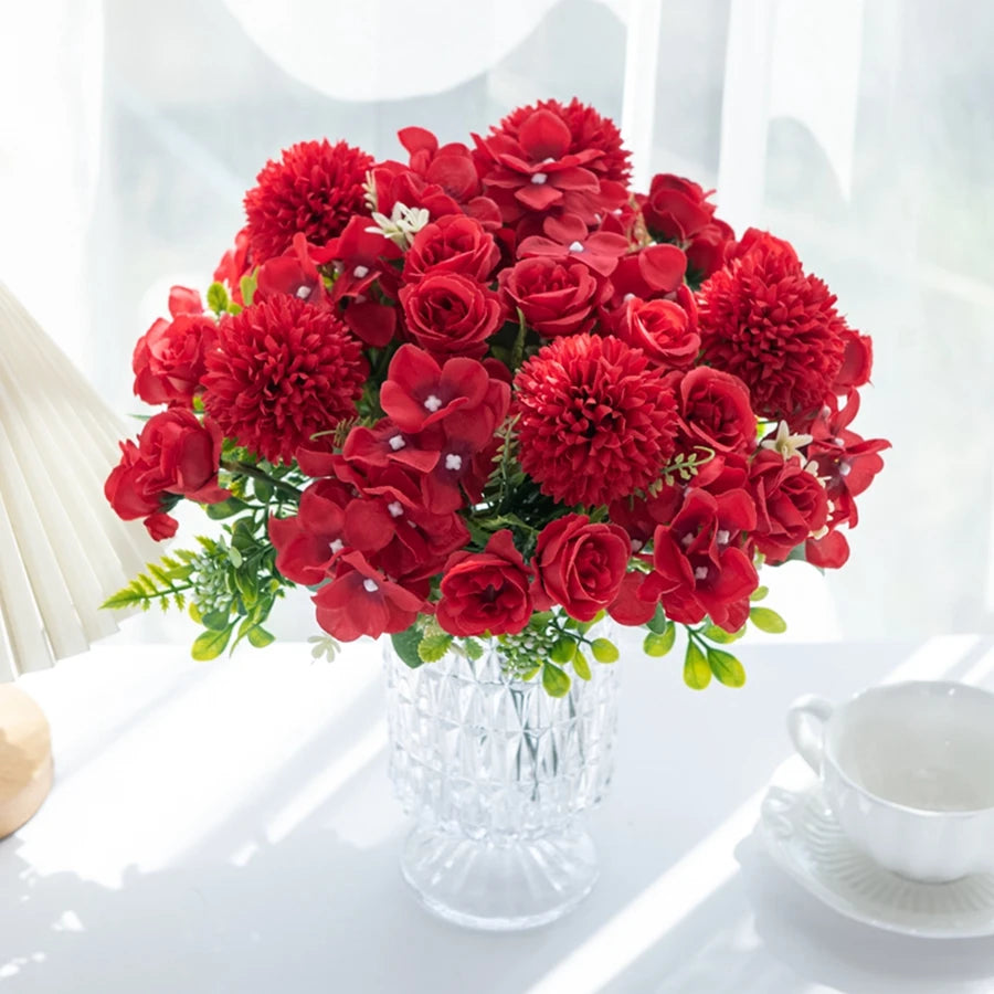 décoration extérieure bouquet fleurs artificielles roses dahlias mariage anniversaire transparent moderne