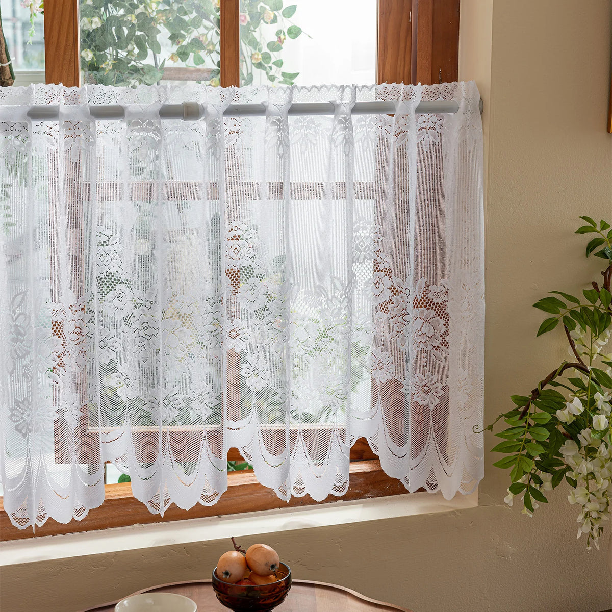 rideau transparent dentelle motif floral feuille polyester blanc classique cuisine porte