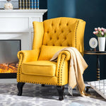 fauteuil club chesterfield tissu capitonné coussins décoratifs bois sculpté living room adult single sofa