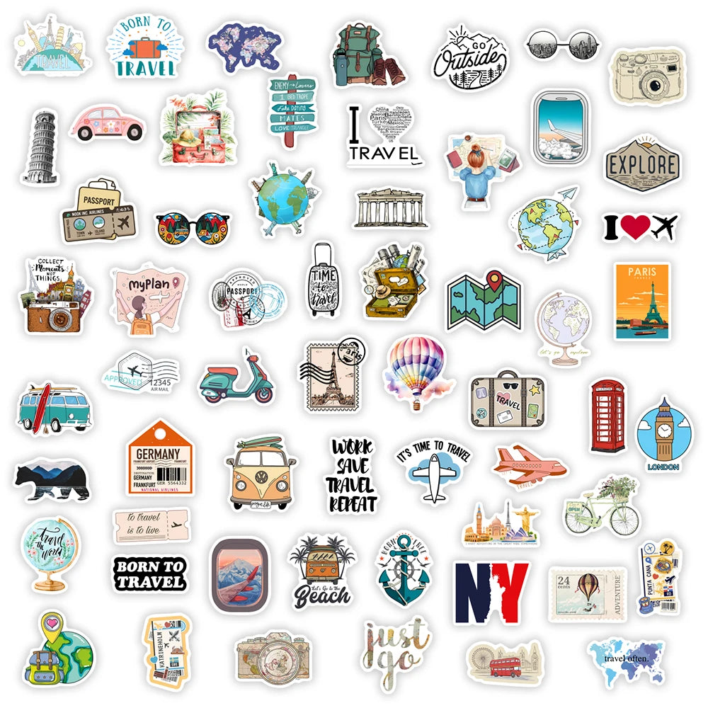 sticker voyage multicolore transparent adhésif illustration vectorielle globe caméra carte billet avion adultes adolescents