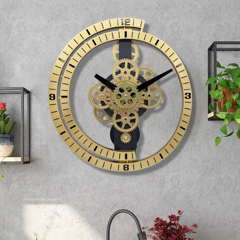 horloge murale décorative engrenages industriels noir blanc doré chiffres cercle métal transparent salon