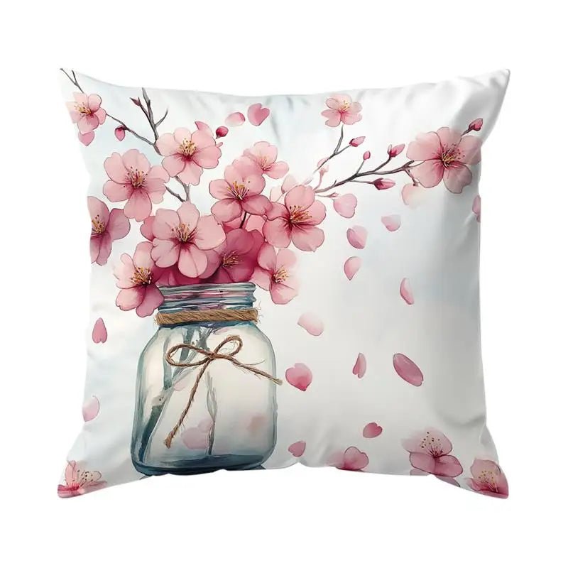 housse coussin polyester imprimé fleurs rose branches moderne blanc chambre lit set 4pcs