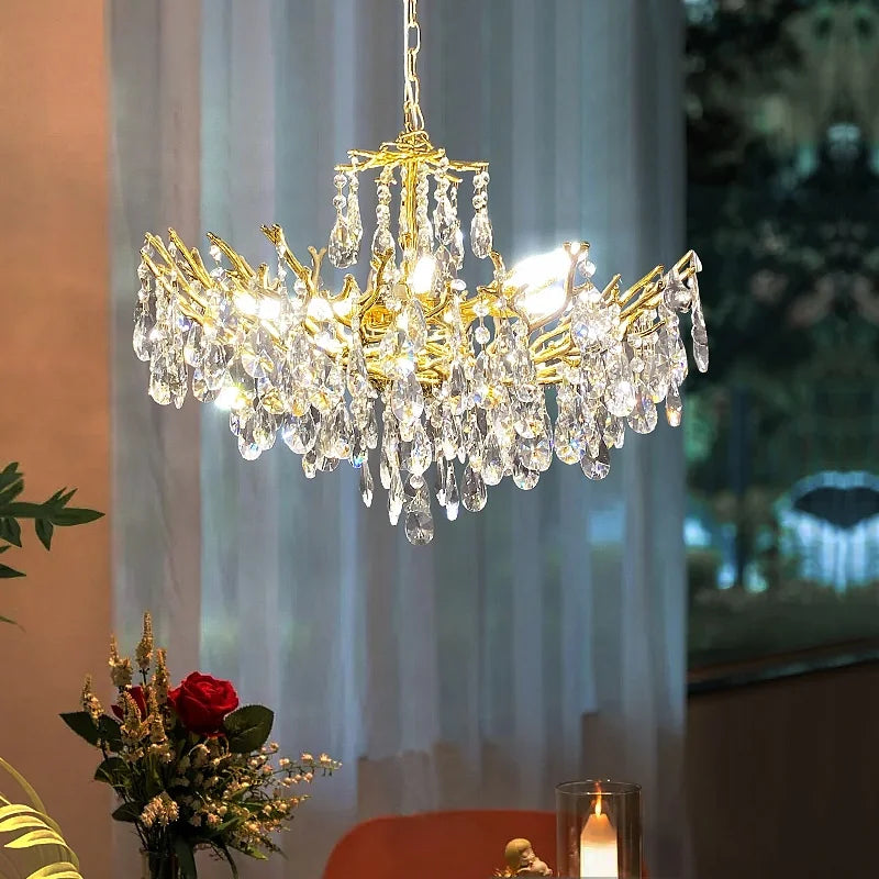 lustre cristal or élégant branchettes dorées led moderne salon chambre cuisine
