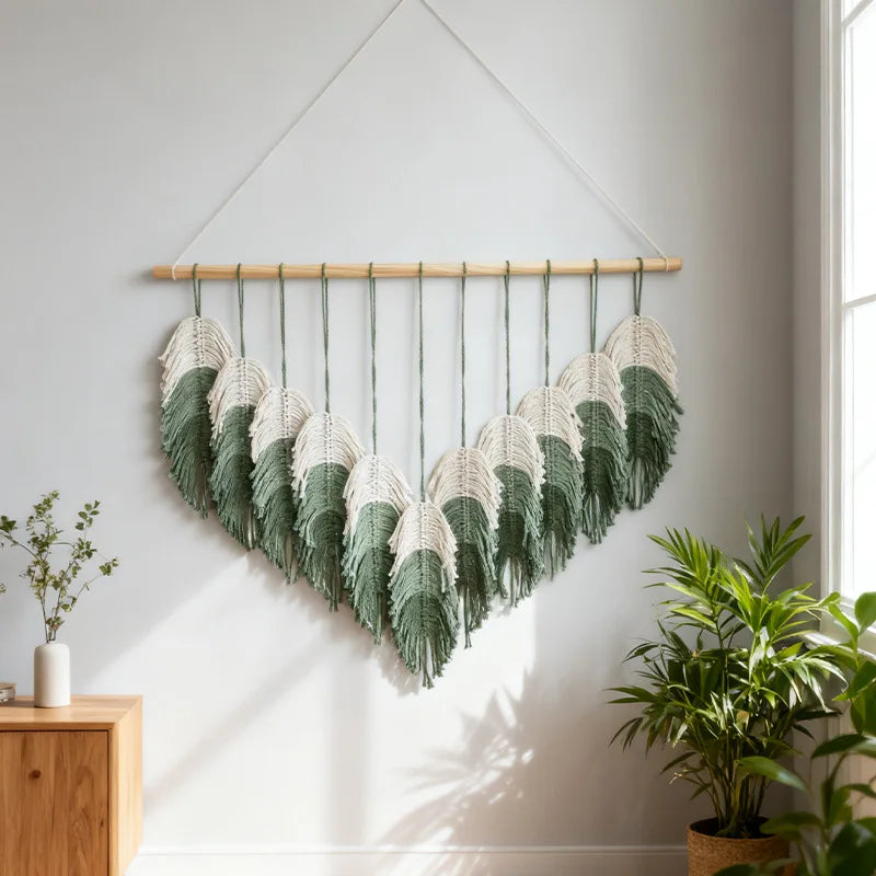 tapisserie murale multicolore motifs plumes boho chic tissage main coton naturel fixations suspension salon