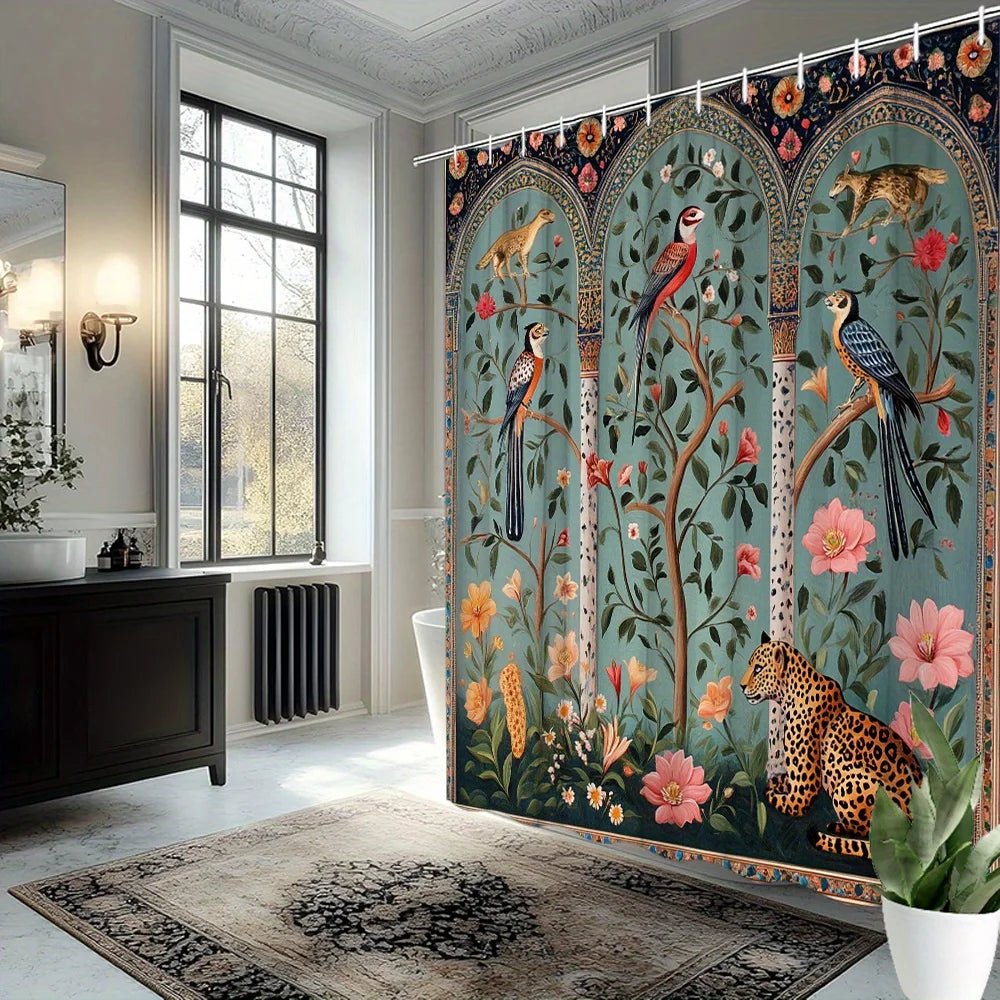rideau douche floral oiseaux léopard art nouveau 12 anneaux métalliques