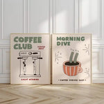 affiches modernes illustration Morning Dive Coffee Club minimaliste beige clair vert pastel orange noir