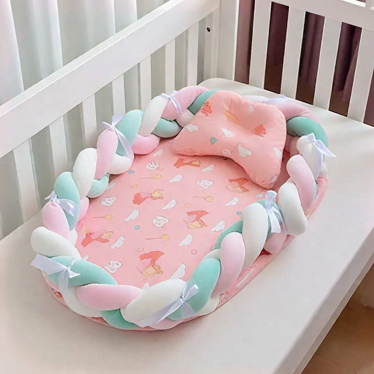 nid d'ange bébé bleu rose blanc étoiles nuages douillet tressé sécurité couches