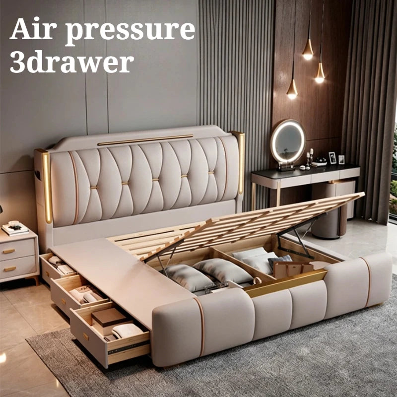 lit double luxe beige doré tête lit capitonnée rangement chambre moderne contemporain