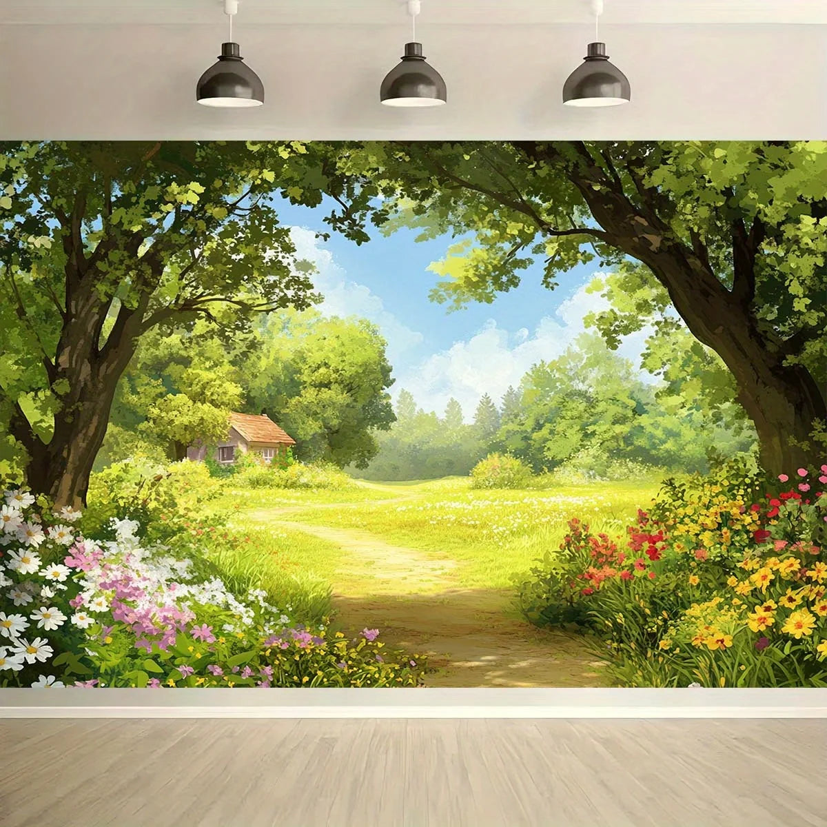 panneau décoratif mural paysage champêtre arbres maison fleurs occasion anniversaire mariage vert jaune blanc
