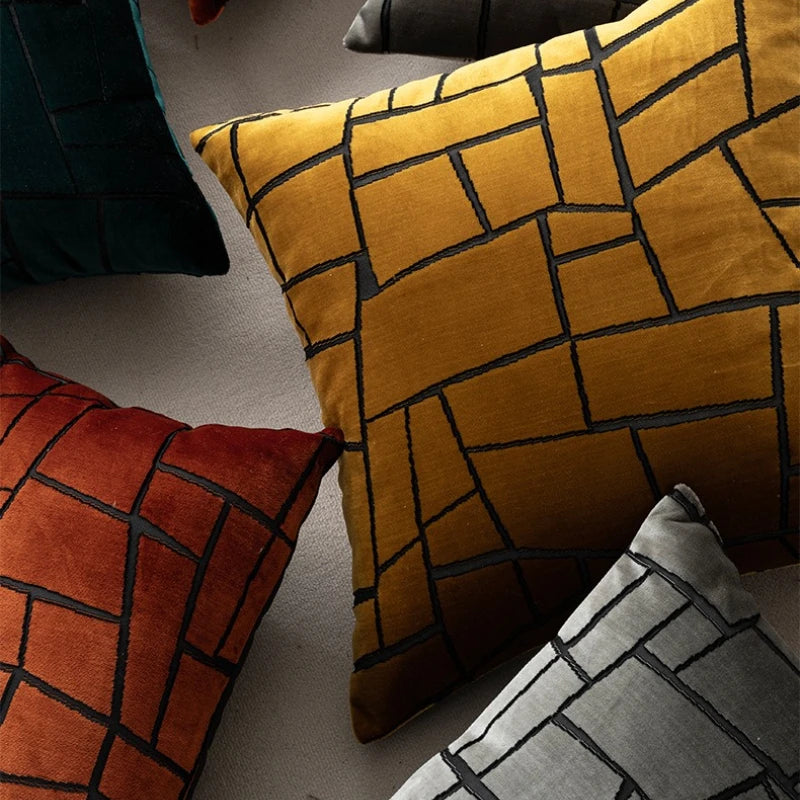 coussins décoratifs géométriques modernes polyester opaques vert foncé gris orange jaune fixés