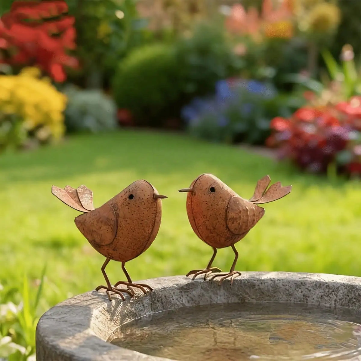statues oiseaux marron rouille aspect rustique decoration exterieure pots fleurs bassin jardin rustic champetre
