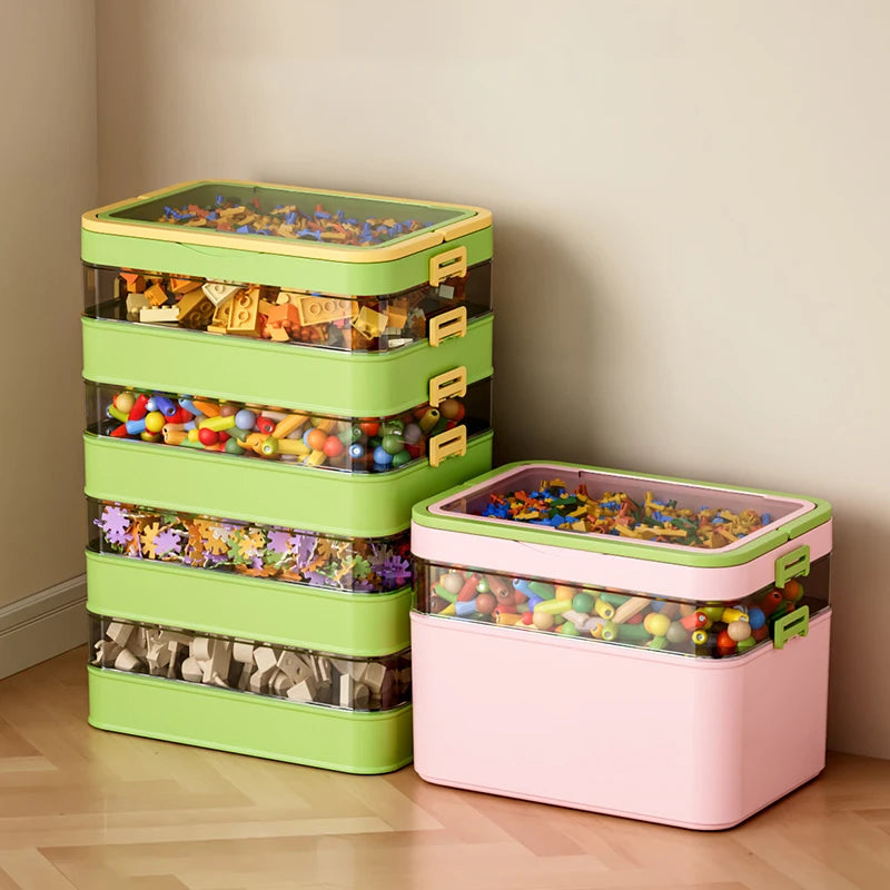boîtes rangement transparentes empilables jouets colorés moderne poignées vert rose jaune