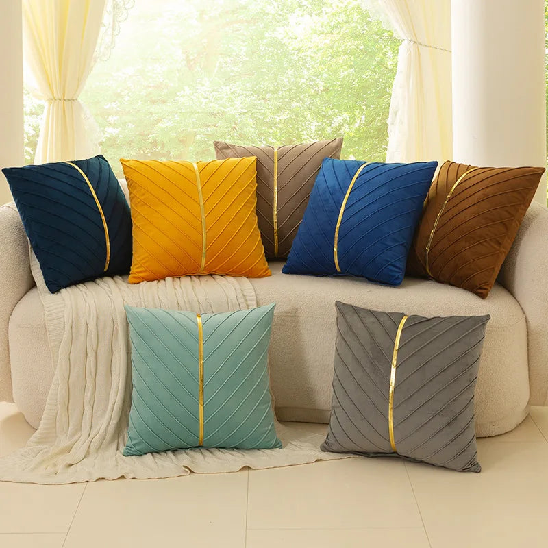 housses coussins décoratifs velours plis verticaux bleu foncé jaune gris modernes opaques 45x45cm