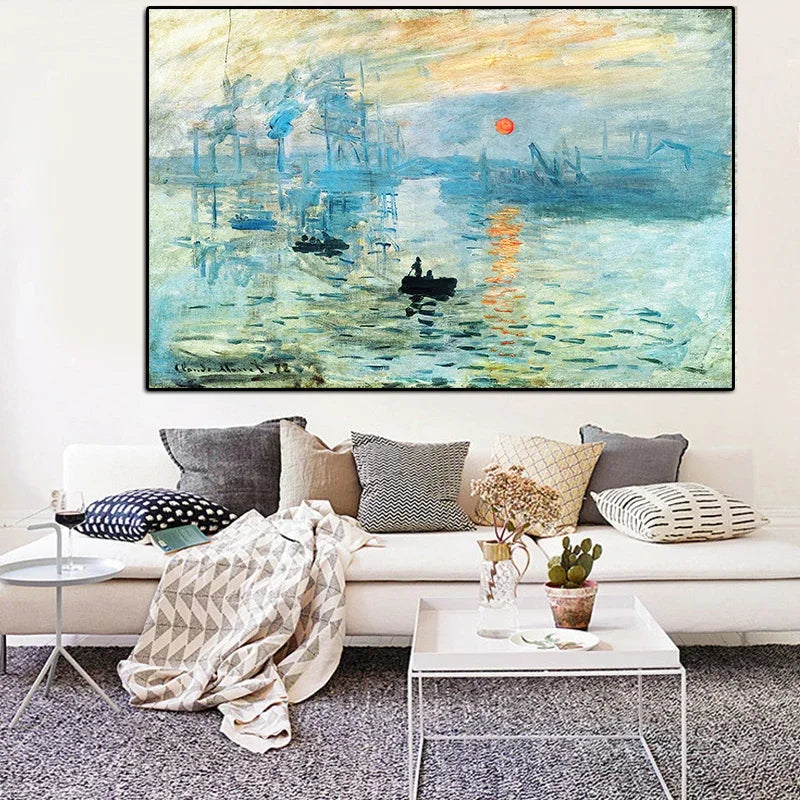 Toile d'art impressionniste paysage abstrait bleu vert blanc horizontal sans cadre