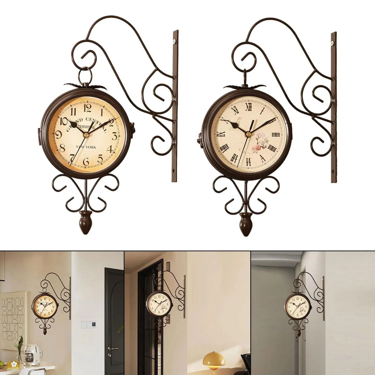 horloge murale double face horaire arabe métal marron rétro vintage decoration mur silencieuse industriel