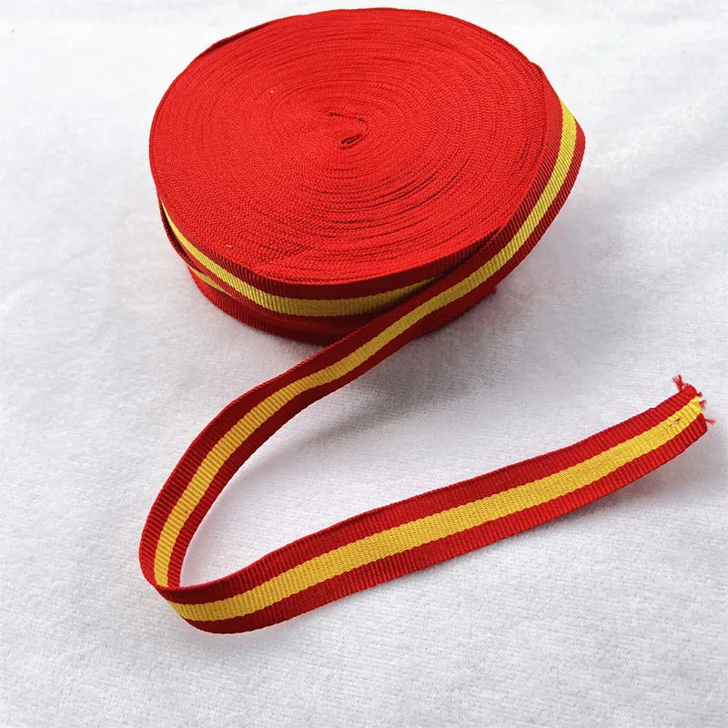 ruban polyester largeur 1.5cm 2cm rayures horizontales rouge jaune double face decoration artisanale sac