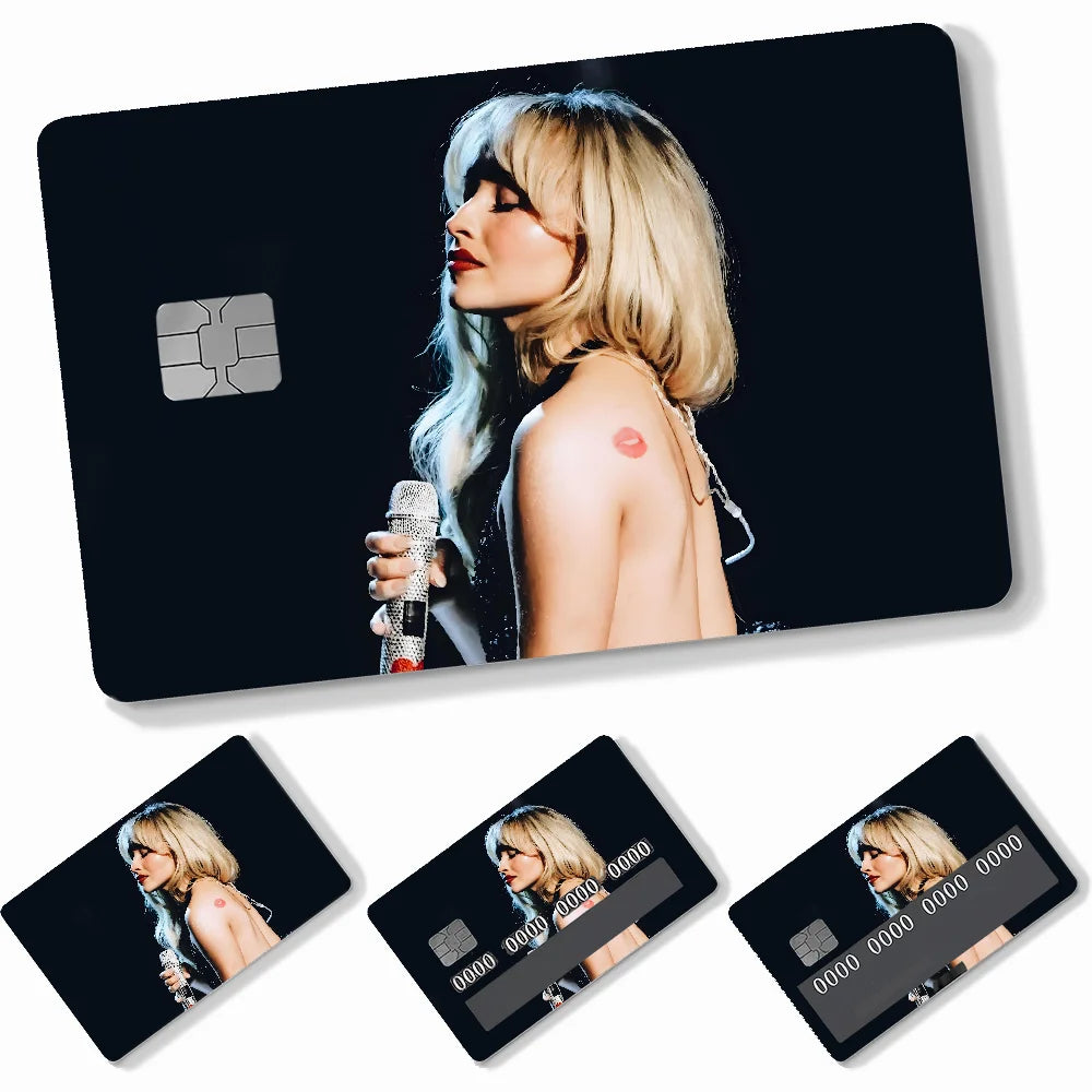 autocollants carte crédit sabrina carpenter adhésifs personnalisables moderne bleu clair noir doré imprimé maillot