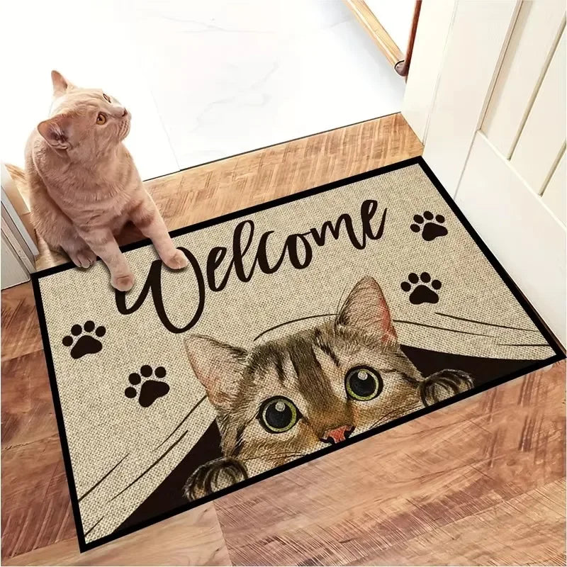 tapis entrée moderne imprimé chat texturé beige noir blanc 40x60cm imperméable