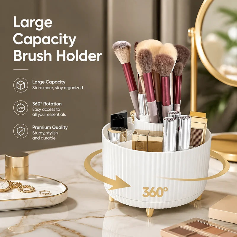 organisateur maquillage rotatif vert foncé blanc rayures modernes pinceaux produits cosmétiques pieds dorés